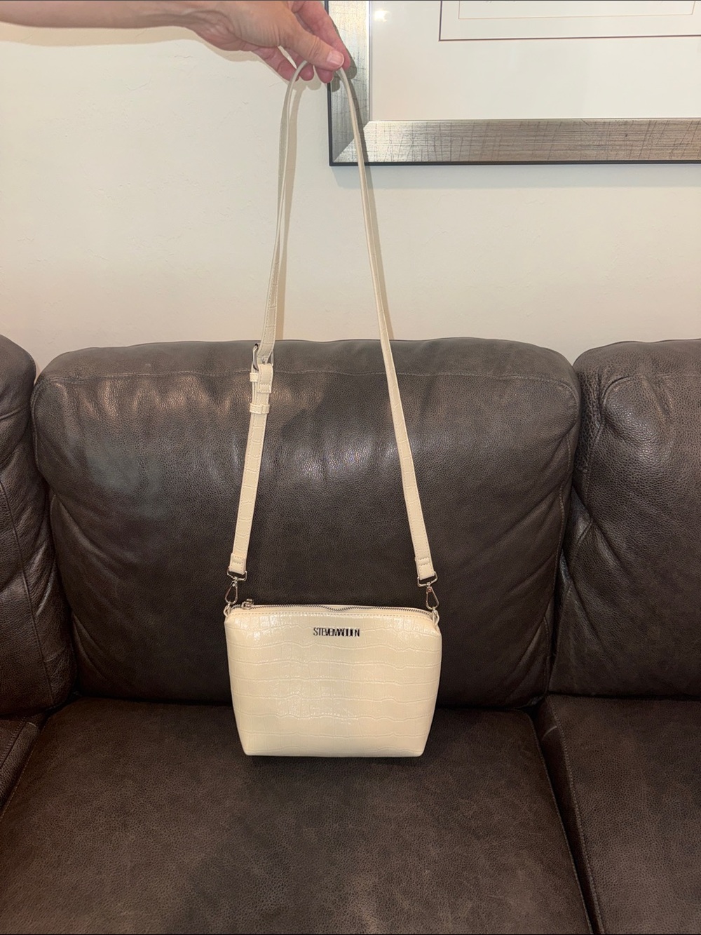 Steve Madden Cream Croc-Embossed Crossbody Shoulder Bag